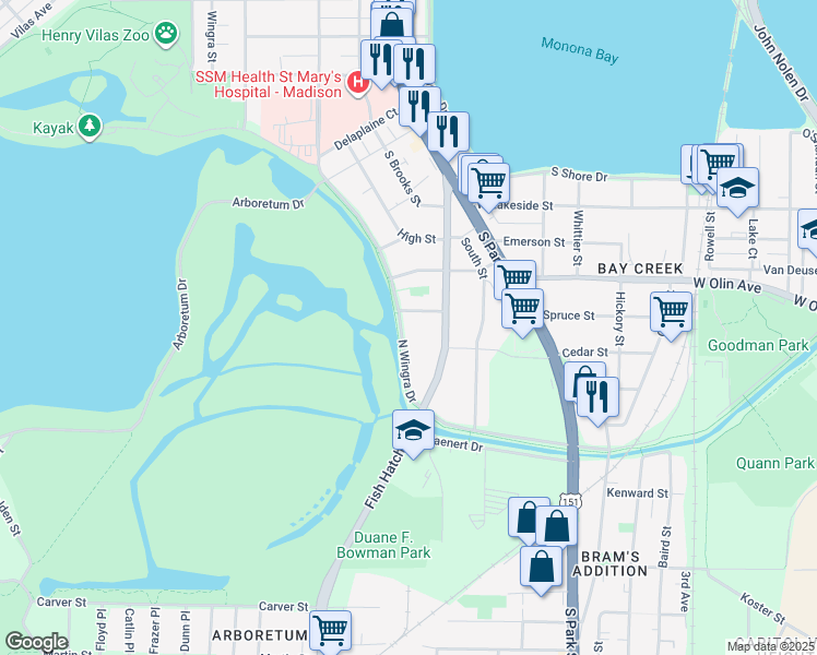 map of restaurants, bars, coffee shops, grocery stores, and more near 1017 Spruce Street in Madison