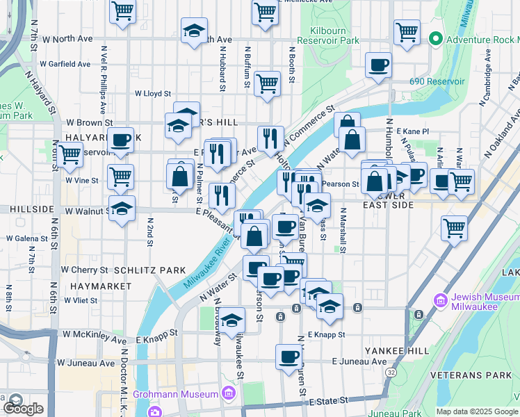 map of restaurants, bars, coffee shops, grocery stores, and more near 1665 North Water Street in Milwaukee