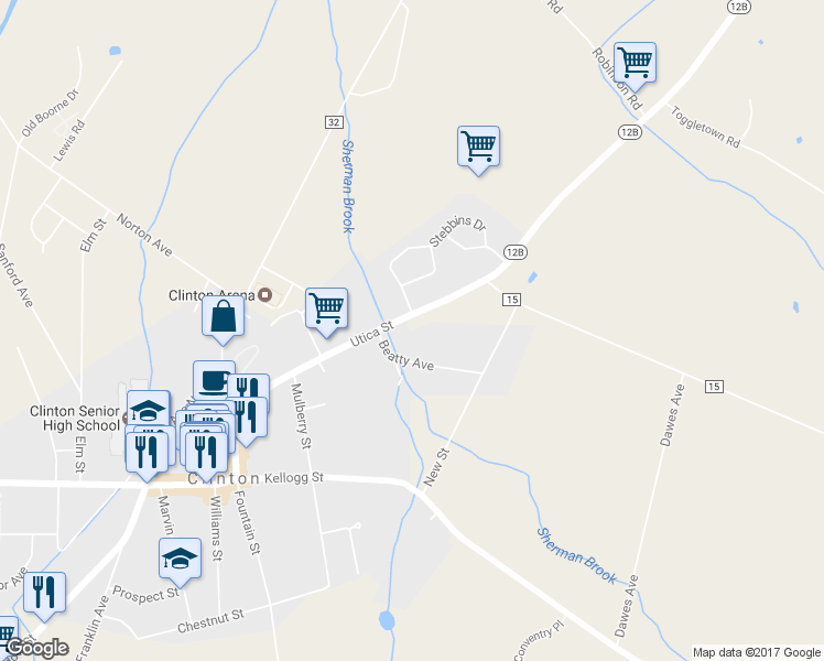 map of restaurants, bars, coffee shops, grocery stores, and more near 70 Utica Street in Clinton