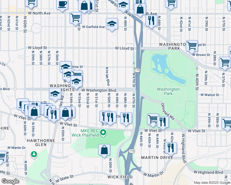 map of restaurants, bars, coffee shops, grocery stores, and more near 4905 West Washington Boulevard in Milwaukee