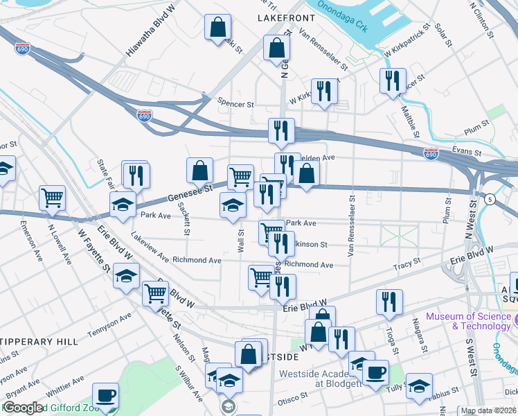 map of restaurants, bars, coffee shops, grocery stores, and more near 1001 West Genesee Street in Syracuse