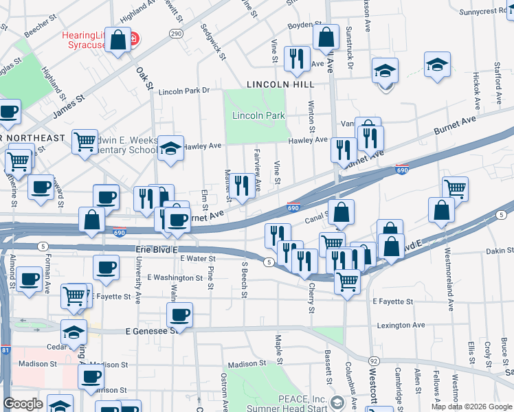 map of restaurants, bars, coffee shops, grocery stores, and more near in Syracuse