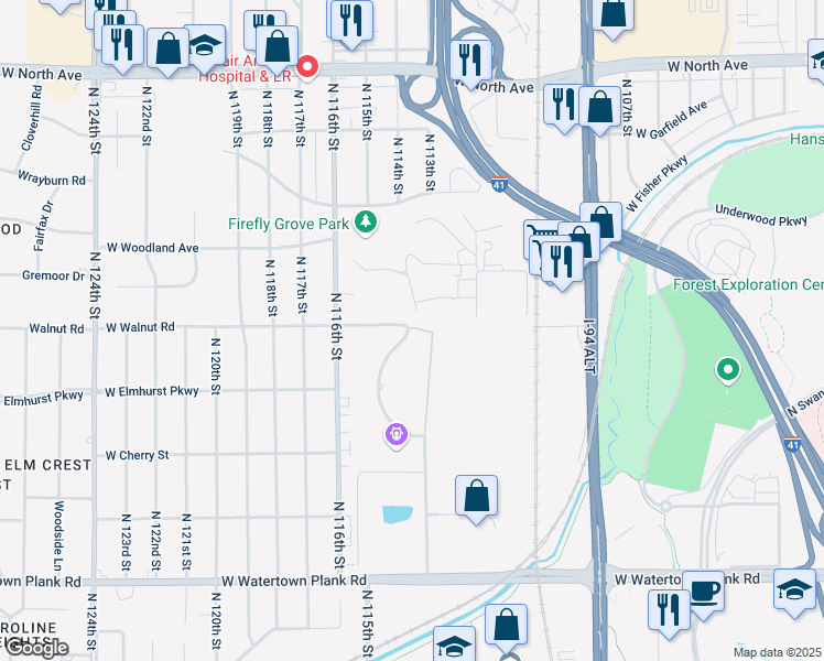 map of restaurants, bars, coffee shops, grocery stores, and more near 11140 West Walnut Road in Wauwatosa