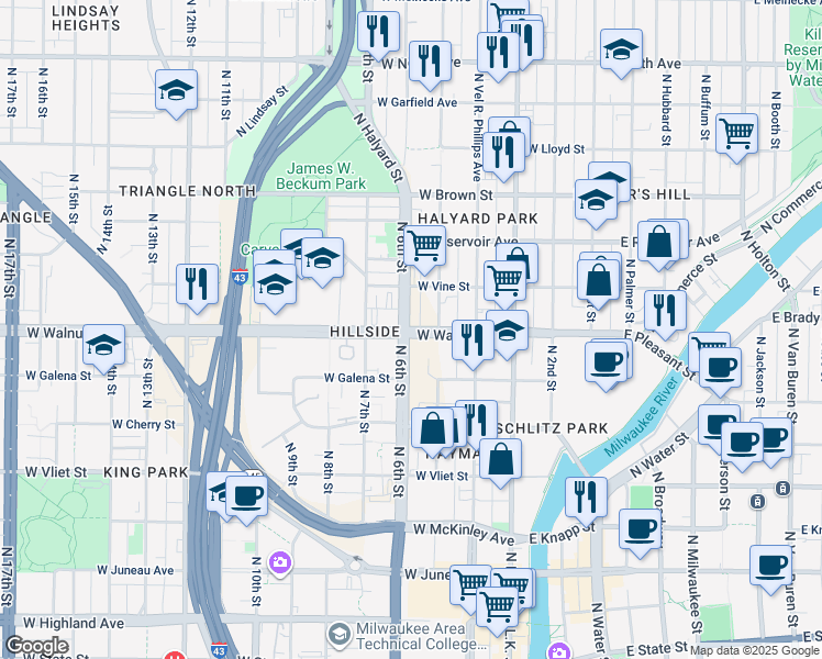 map of restaurants, bars, coffee shops, grocery stores, and more near 514 West Walnut Street in Milwaukee