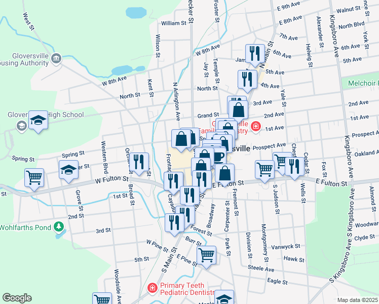 map of restaurants, bars, coffee shops, grocery stores, and more near 8 Frontage Road in Gloversville