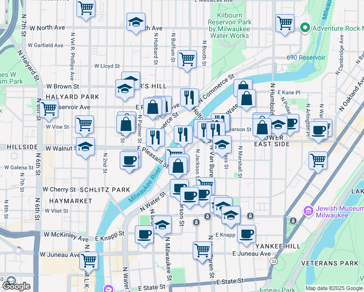 map of restaurants, bars, coffee shops, grocery stores, and more near 1665 North Water Street in Milwaukee