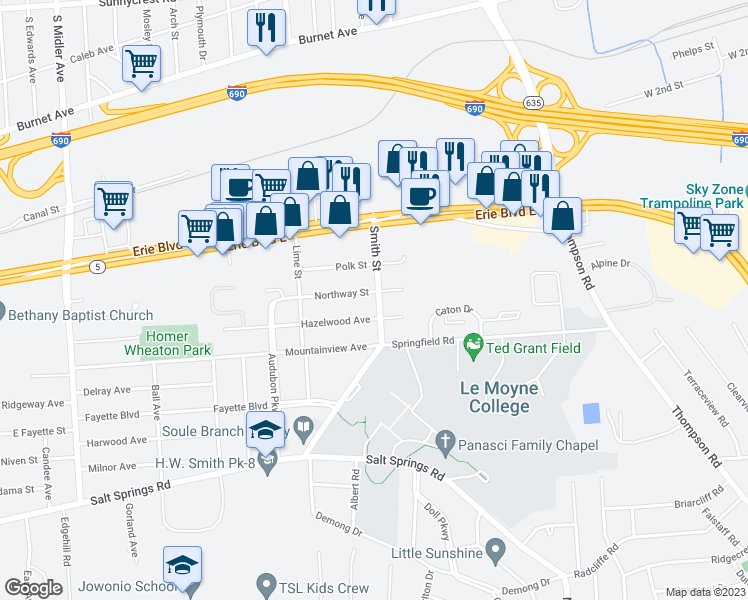 map of restaurants, bars, coffee shops, grocery stores, and more near 928 Northway Street in Syracuse