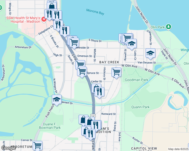 map of restaurants, bars, coffee shops, grocery stores, and more near 635 Spruce Street in Madison