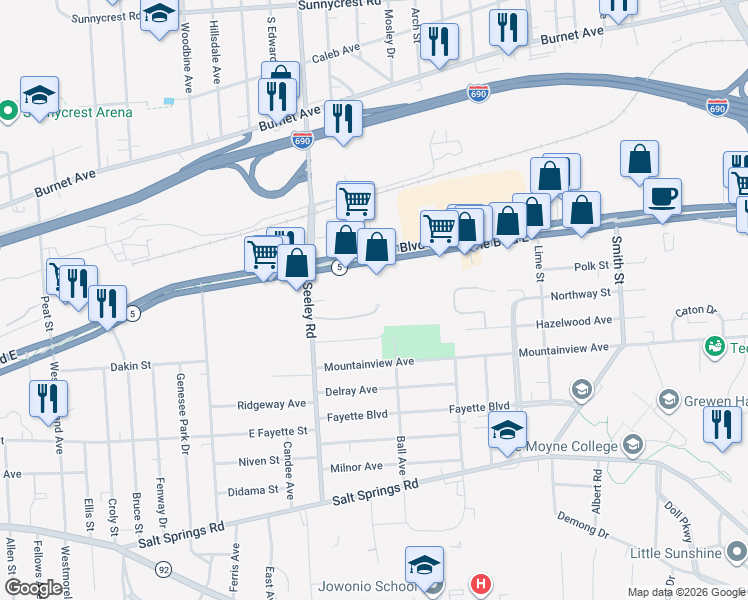 map of restaurants, bars, coffee shops, grocery stores, and more near 2576-78 Erie Boulevard East in Syracuse