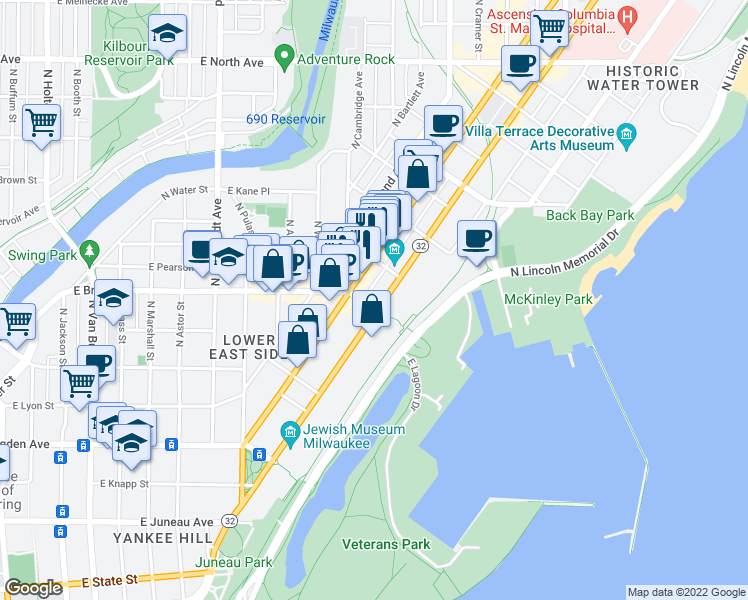 map of restaurants, bars, coffee shops, grocery stores, and more near 1725 North Prospect Avenue in Milwaukee