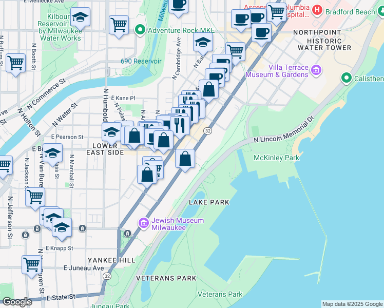 map of restaurants, bars, coffee shops, grocery stores, and more near 1710 North Prospect Avenue in Milwaukee