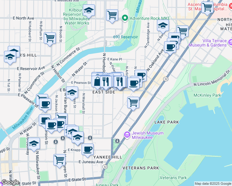 map of restaurants, bars, coffee shops, grocery stores, and more near in Milwaukee