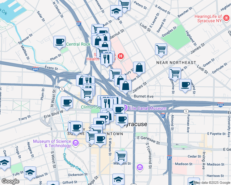 map of restaurants, bars, coffee shops, grocery stores, and more near 15631 690 in Syracuse
