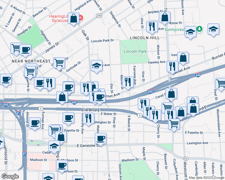 map of restaurants, bars, coffee shops, grocery stores, and more near 316 Elm Street in Syracuse