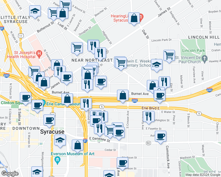map of restaurants, bars, coffee shops, grocery stores, and more near 408 Hawley Avenue in Syracuse