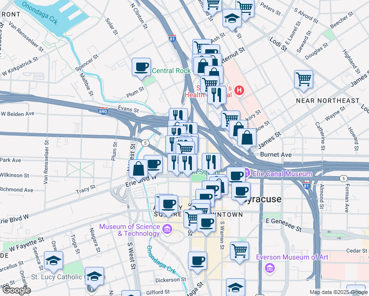 map of restaurants, bars, coffee shops, grocery stores, and more near 321 North Clinton Street in Syracuse