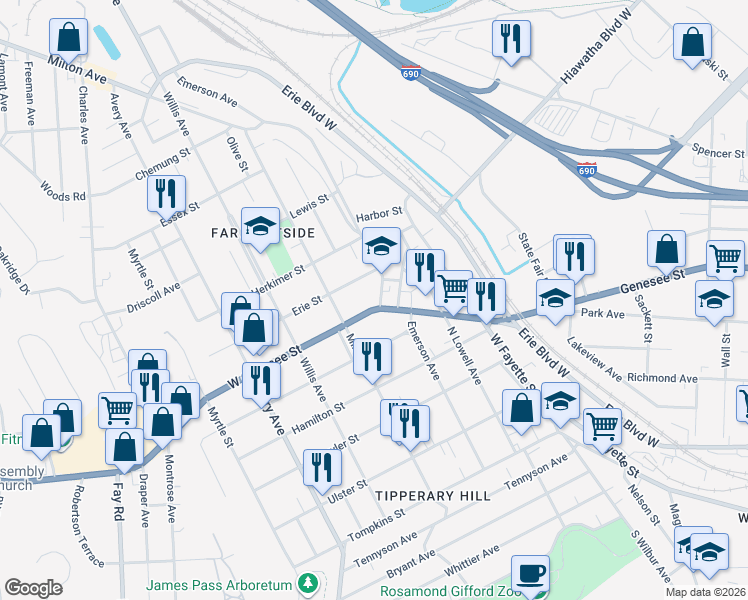 map of restaurants, bars, coffee shops, grocery stores, and more near 505 Emerson Avenue in Syracuse