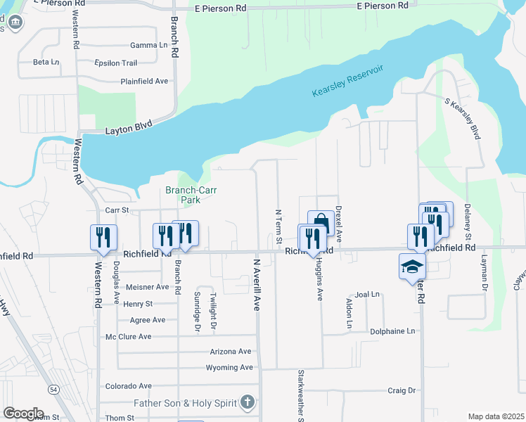 map of restaurants, bars, coffee shops, grocery stores, and more near 3217 North Averill Avenue in Flint