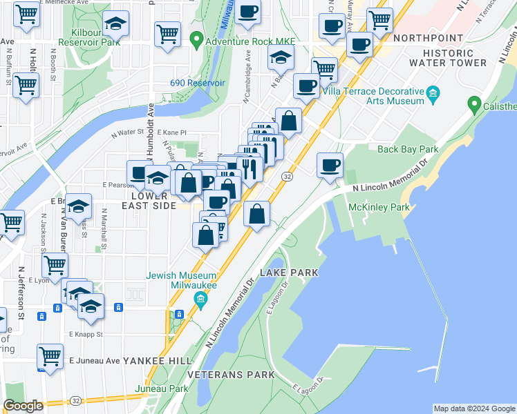 map of restaurants, bars, coffee shops, grocery stores, and more near 1725 North Prospect Avenue in Milwaukee