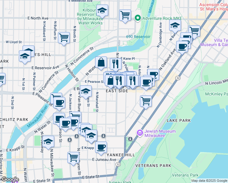 map of restaurants, bars, coffee shops, grocery stores, and more near in Milwaukee