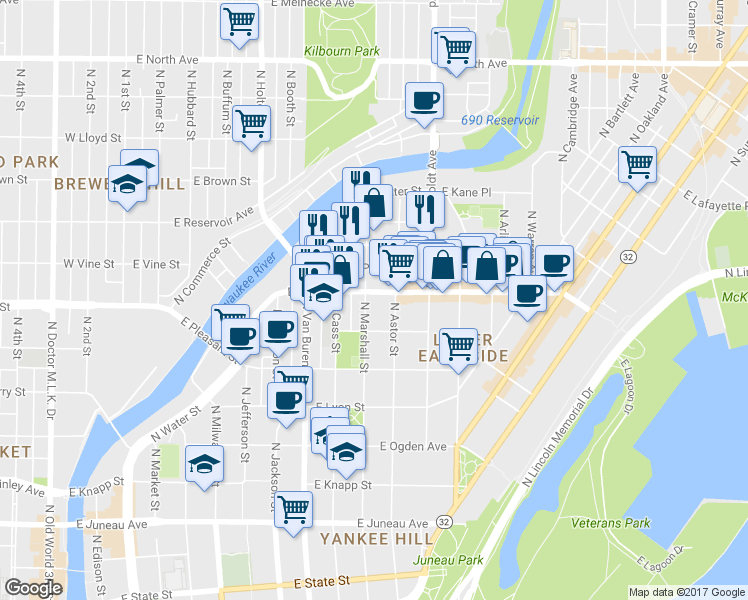 map of restaurants, bars, coffee shops, grocery stores, and more near 932 East Brady Street in Milwaukee