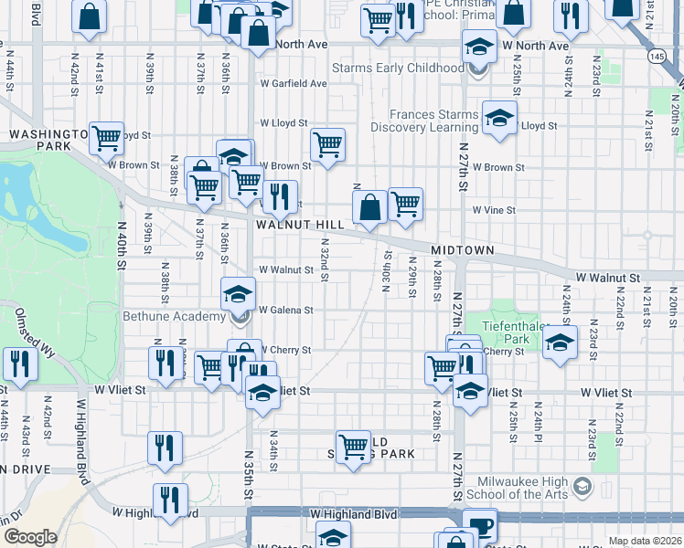 map of restaurants, bars, coffee shops, grocery stores, and more near 1702 North 32nd Street in Milwaukee