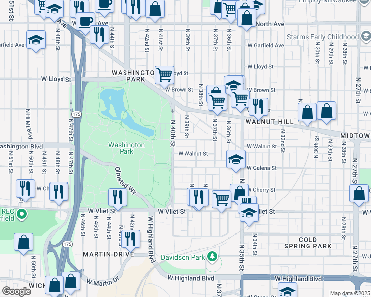 map of restaurants, bars, coffee shops, grocery stores, and more near 3917 West Roberts Street in Milwaukee