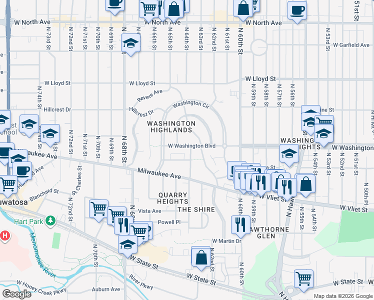 map of restaurants, bars, coffee shops, grocery stores, and more near 6319 West Washington Boulevard in Wauwatosa
