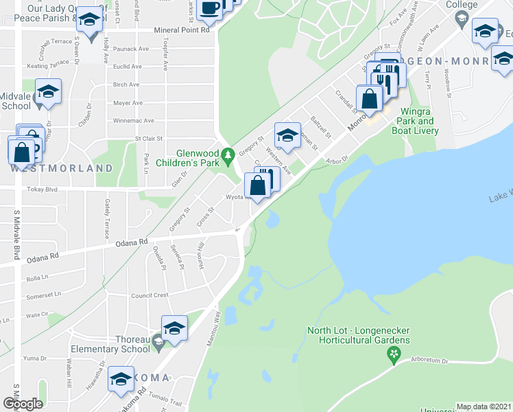 map of restaurants, bars, coffee shops, grocery stores, and more near 3502 Monroe Street in Madison