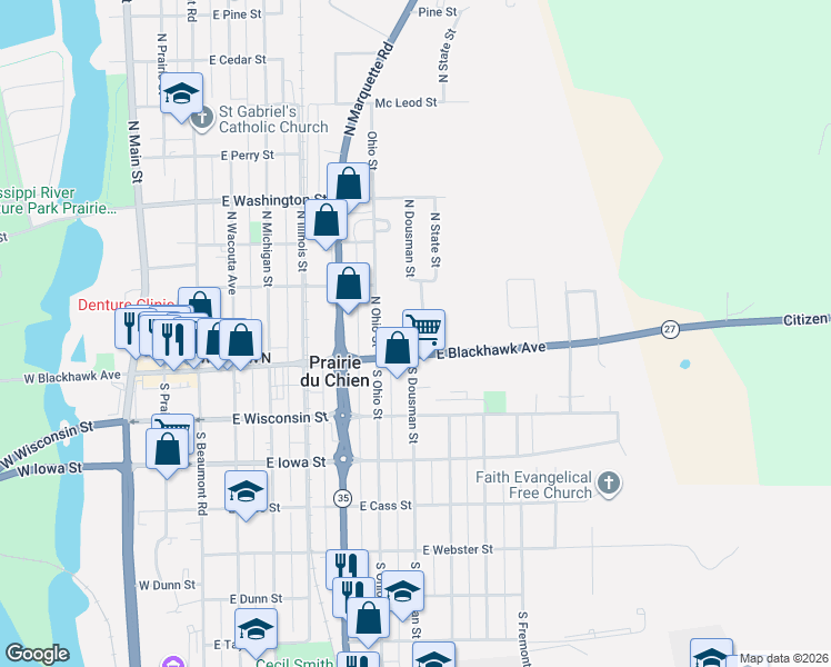 map of restaurants, bars, coffee shops, grocery stores, and more near 129 Steiner Terrace in Prairie du Chien