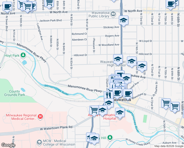 map of restaurants, bars, coffee shops, grocery stores, and more near 1709 Day Court in Wauwatosa
