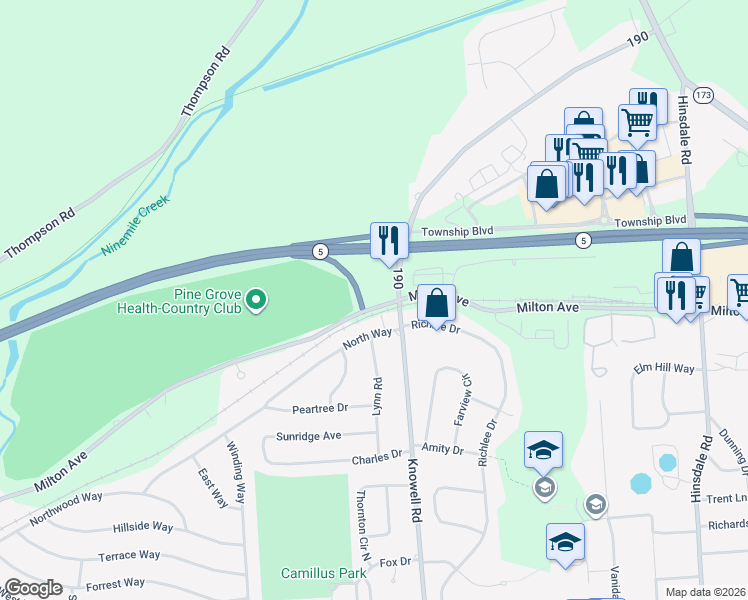 map of restaurants, bars, coffee shops, grocery stores, and more near 101 Bennett Avenue in Syracuse