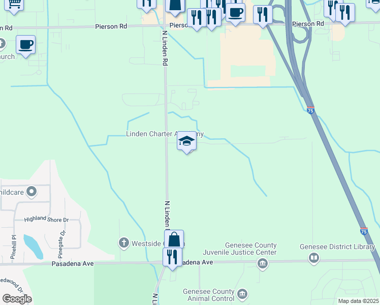 map of restaurants, bars, coffee shops, grocery stores, and more near 3244 North Linden Road in Flint