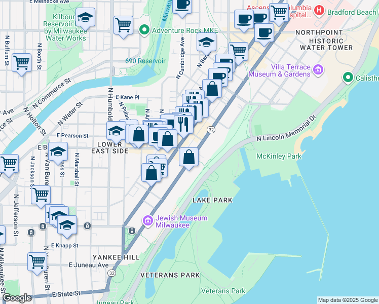 map of restaurants, bars, coffee shops, grocery stores, and more near 1725 North Prospect Avenue in Milwaukee