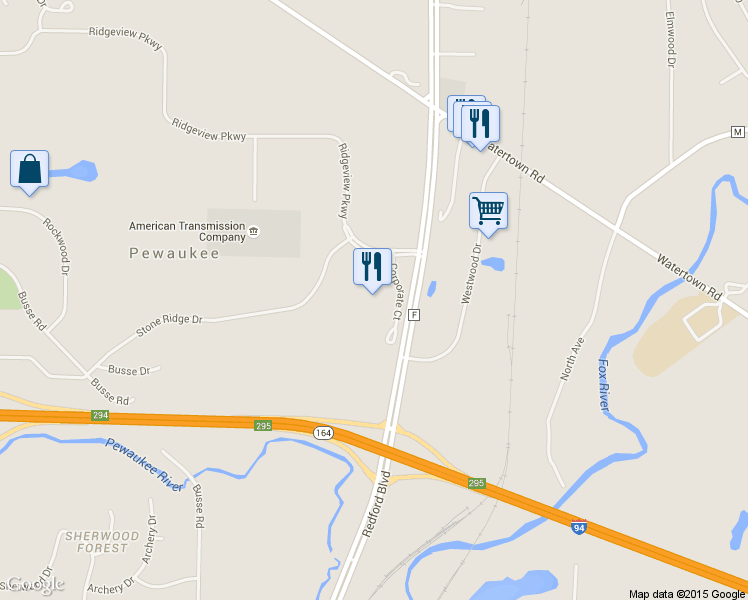 map of restaurants, bars, coffee shops, grocery stores, and more near W231N1600 Corporate Ct in Waukesha