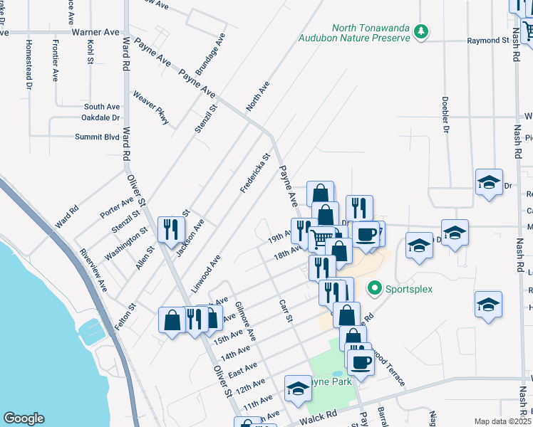 map of restaurants, bars, coffee shops, grocery stores, and more near 17 Gibbons Court in North Tonawanda
