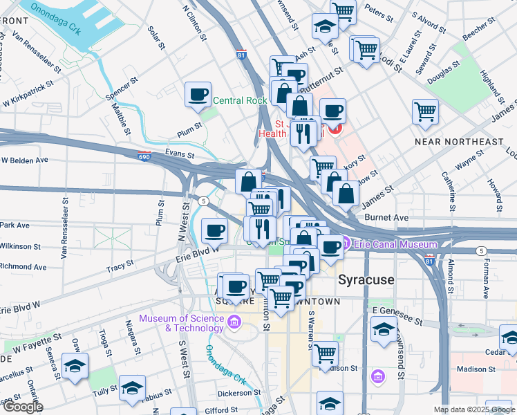 map of restaurants, bars, coffee shops, grocery stores, and more near 230 West Willow Street in Syracuse