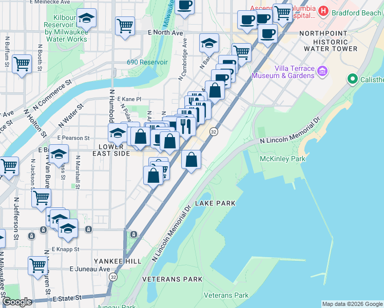 map of restaurants, bars, coffee shops, grocery stores, and more near 1725 North Prospect Avenue in Milwaukee