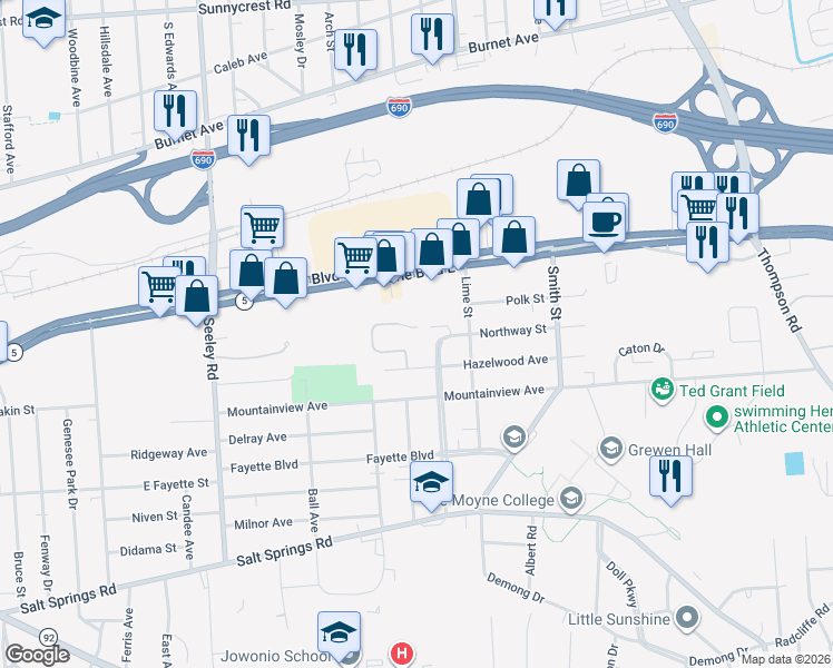 map of restaurants, bars, coffee shops, grocery stores, and more near 300 Audubon Parkway in Syracuse