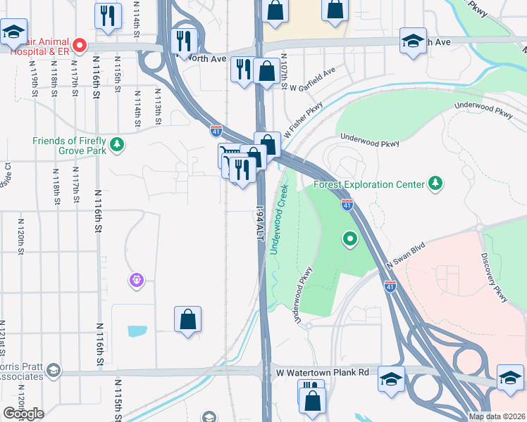 map of restaurants, bars, coffee shops, grocery stores, and more near North Mayfair Road in Wauwatosa