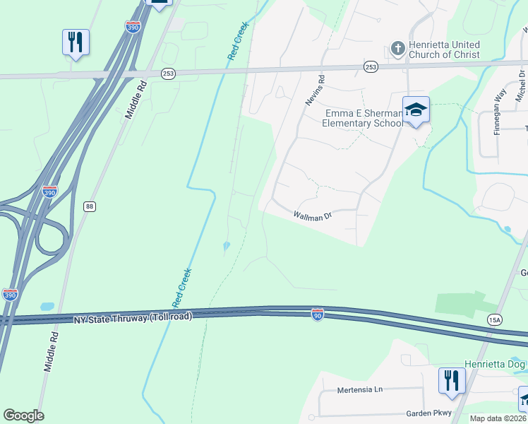 map of restaurants, bars, coffee shops, grocery stores, and more near 233 Nevins Road in Henrietta
