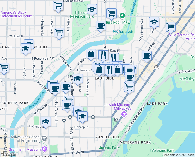 map of restaurants, bars, coffee shops, grocery stores, and more near 1696 North Astor Street in Milwaukee