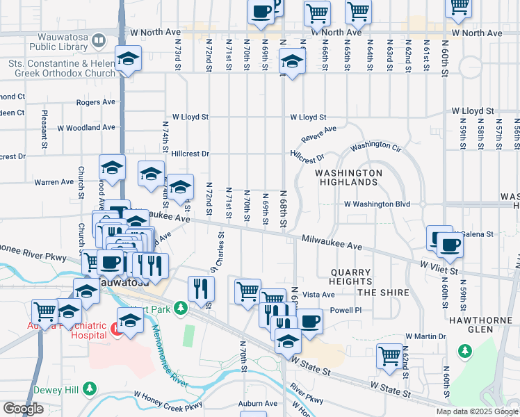 map of restaurants, bars, coffee shops, grocery stores, and more near 1711 North 69th Street in Wauwatosa