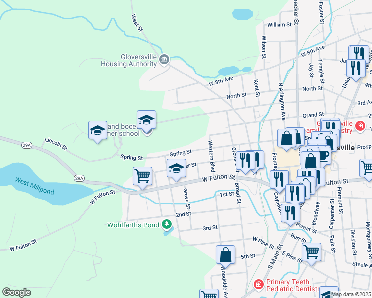 map of restaurants, bars, coffee shops, grocery stores, and more near 180 Spring Street in Gloversville