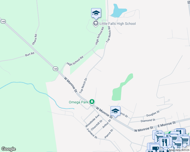 map of restaurants, bars, coffee shops, grocery stores, and more near 38 Top Notch Dr in Little Falls