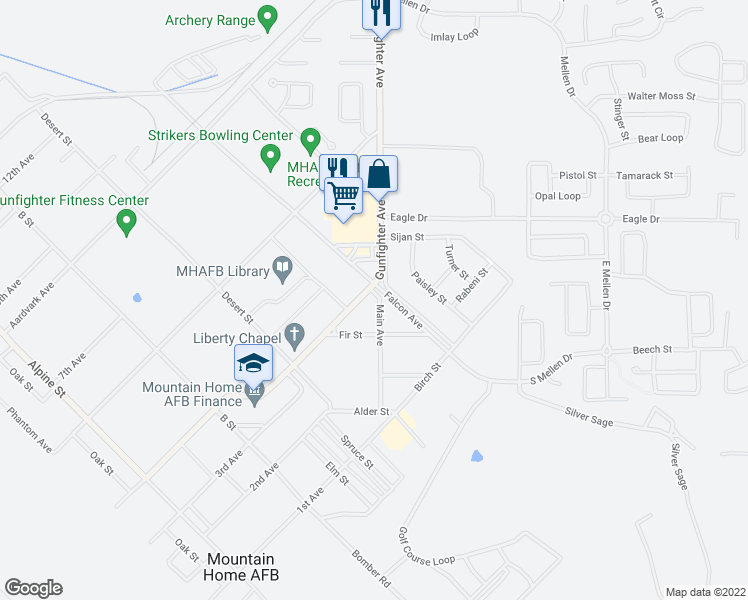 map of restaurants, bars, coffee shops, grocery stores, and more near 575 Gunfighter Avenue in Mountain Home Air Force Base