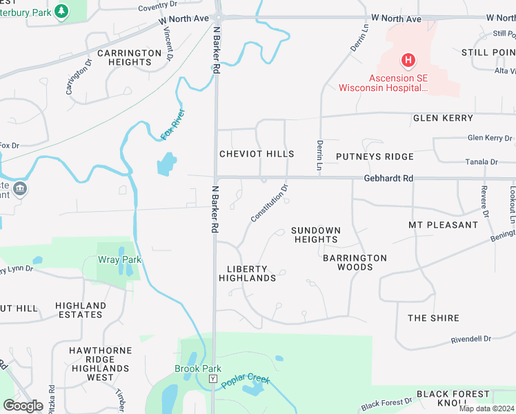map of restaurants, bars, coffee shops, grocery stores, and more near 1585 Constitution Drive in Brookfield