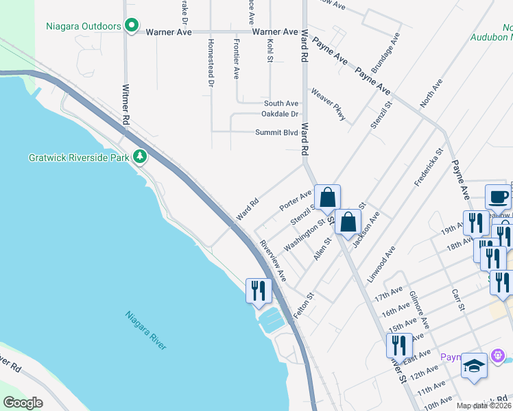 map of restaurants, bars, coffee shops, grocery stores, and more near 33 Ward Road in North Tonawanda