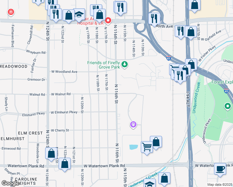 map of restaurants, bars, coffee shops, grocery stores, and more near 1700 North 116th Street in Wauwatosa