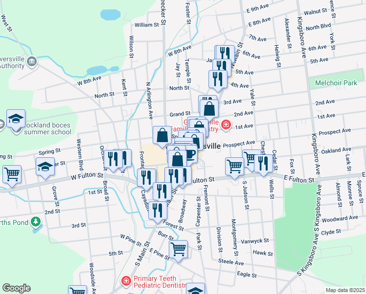map of restaurants, bars, coffee shops, grocery stores, and more near Elm Street in Gloversville